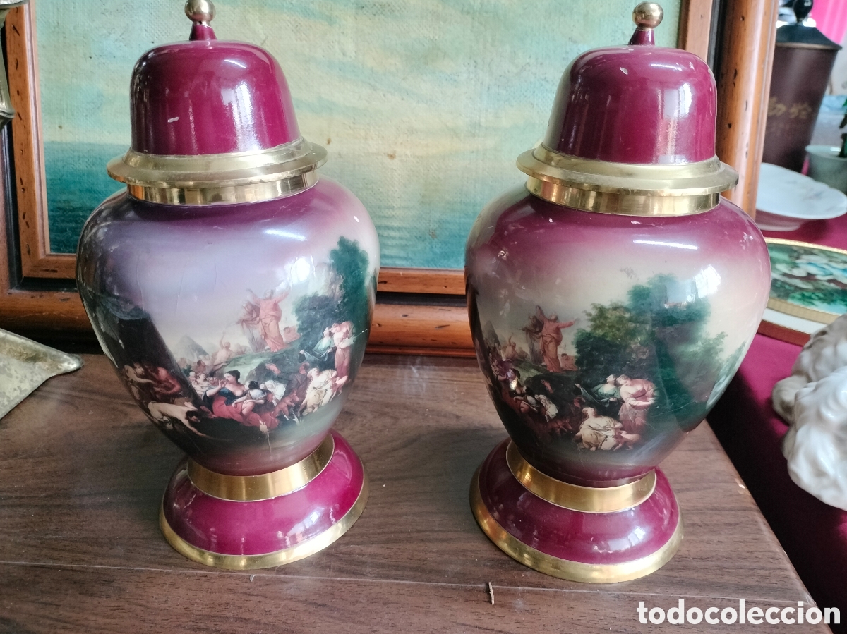 Antig&uuml;edades: 2 tibores mediados siglo XX pintados y esmaltados sobre metal