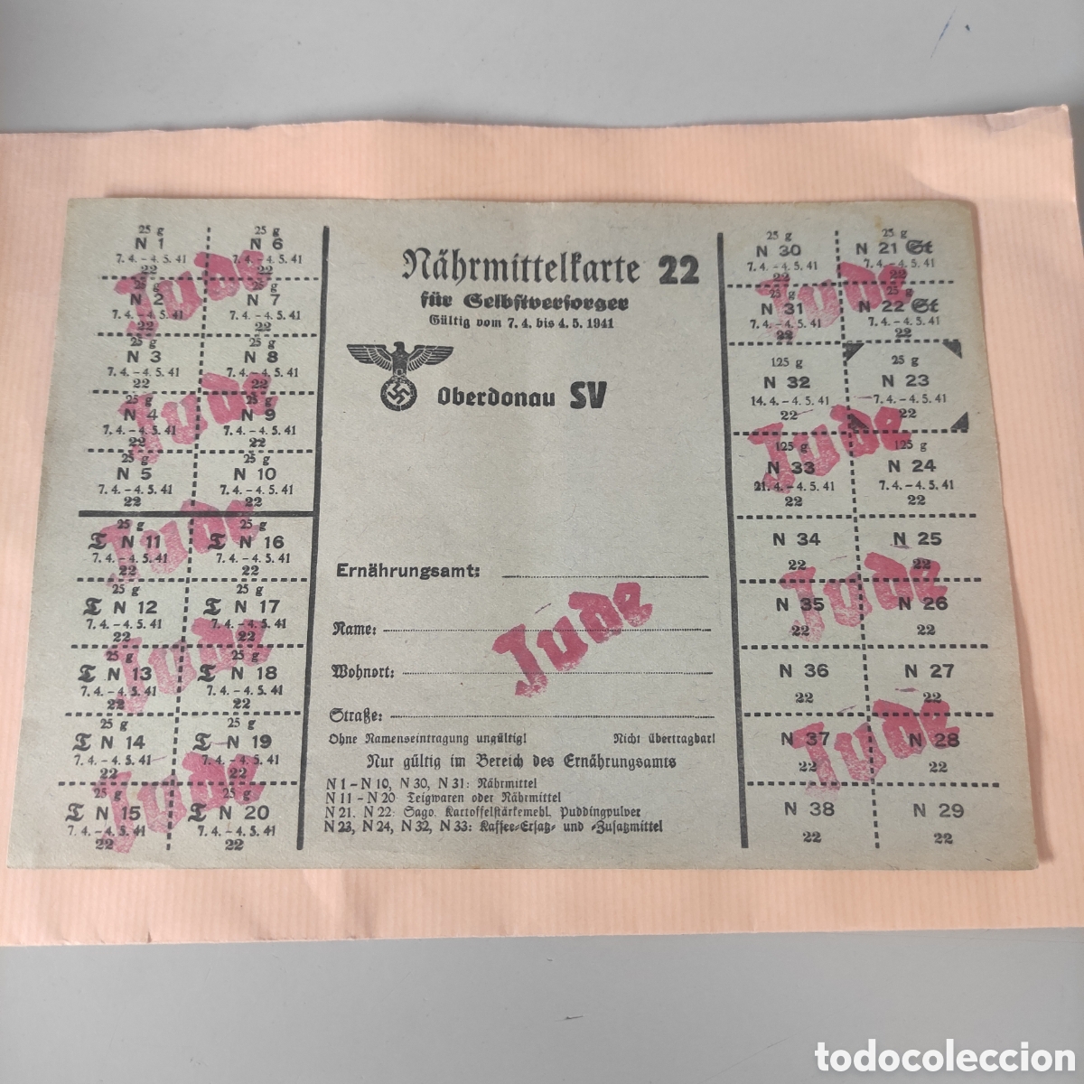 Antig&uuml;edades: Hoja o cartilla de racionamiento para jud&iacute;o , 1941 .