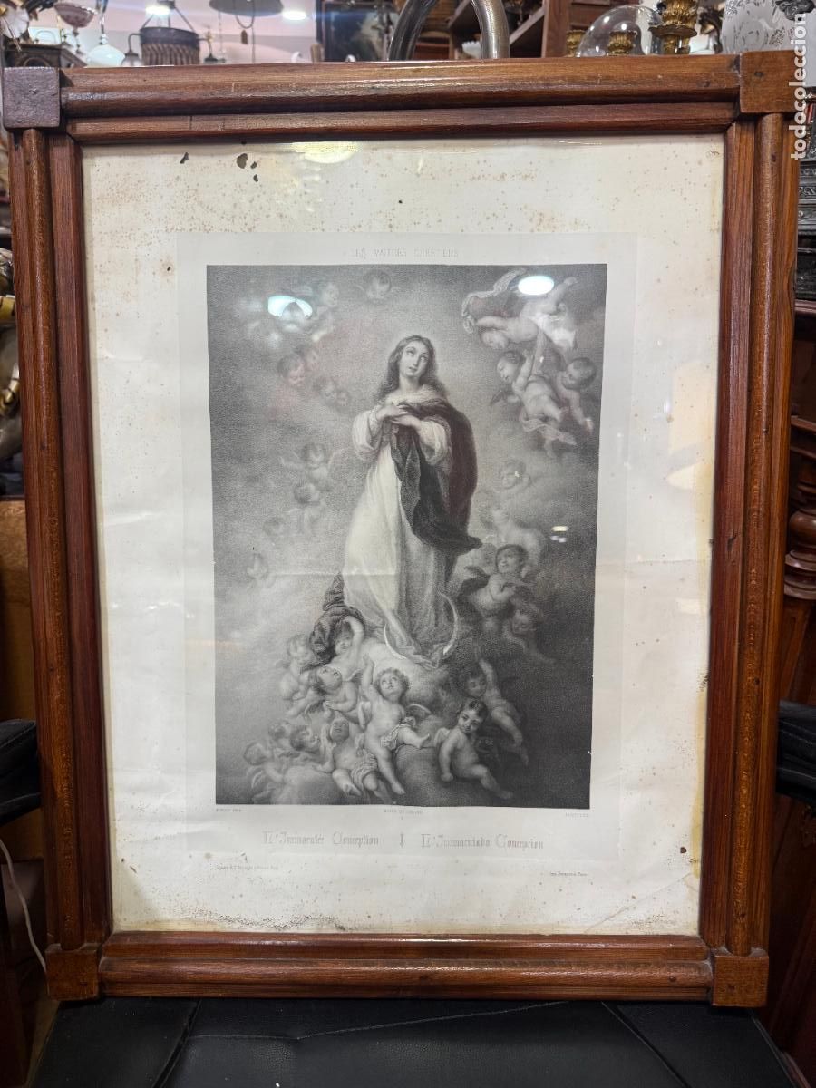 Antig&uuml;edades: ANTIGUA LAMINA VIRGEN INMACULADA DE MURILLO - MEDIDA TOTAL 66,5X54 CM E INTERIOR 56X44 CM
