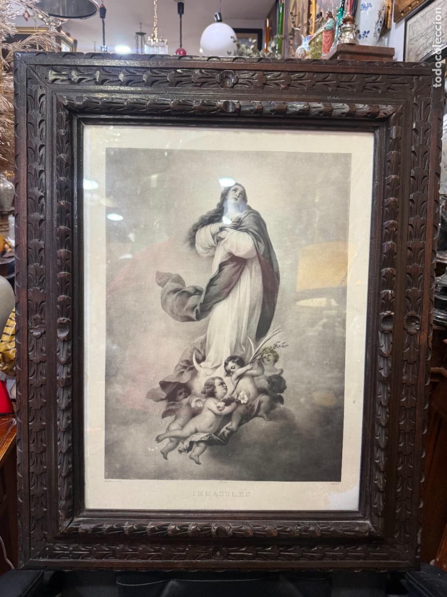 Antig&uuml;edades: ANTIGUA LAMINA VIRGEN INMACULADA DE MURILLO - MEDIDA TOTAL 75X60 CM E INTERIOR 55X40 CM