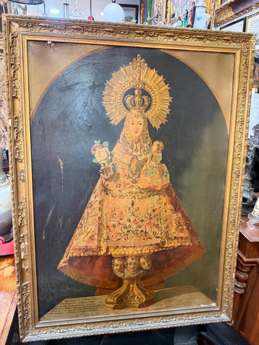 Antig&uuml;edades: ANTIGUA LAMINA CARTON DE LA VIRGEN DE COVADONGA - MEDIDA MARCO 93X70 CM