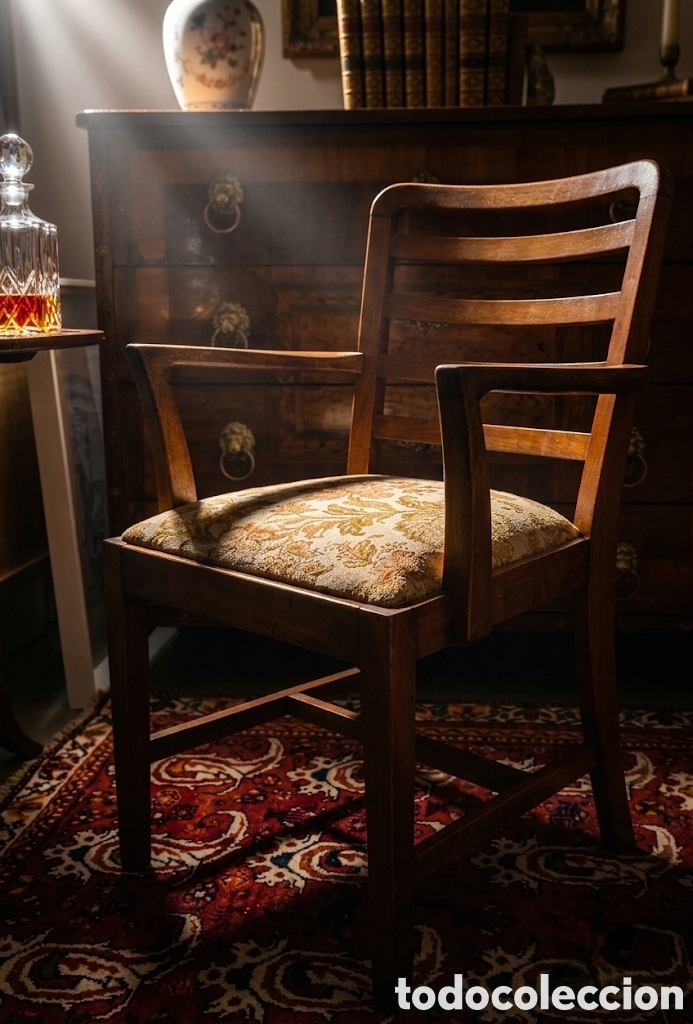 Antig&uuml;edades: Sill&oacute;n de madera de estilo cl&aacute;sico con un elegante asiento tapizado en tonos dorados y mostaz