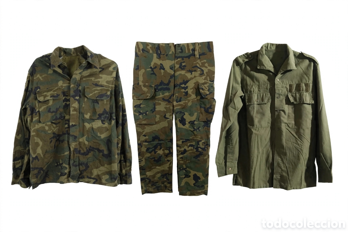 Antig&uuml;edades: Lote de 3 piezas de uniformidad del Ej&eacute;rcito de Tierra espa&ntilde;ol, todo talla 2N (M). Incluye: 1- Guer