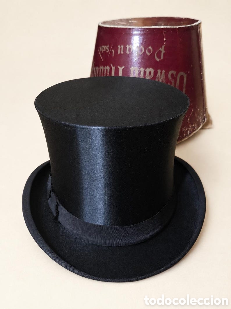 Antig&uuml;edades: Chistera antigua Exposici&oacute;n Universal Par&iacute;s 1900 con sombrerera original, Chapeau Claque alem&aacute;n
