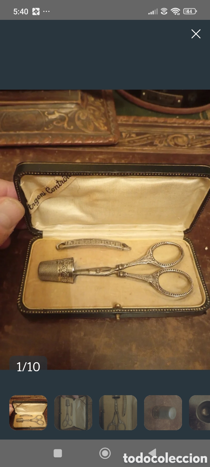 Antig&uuml;edades: Siglo XIX. Set de costura de plata en estuche