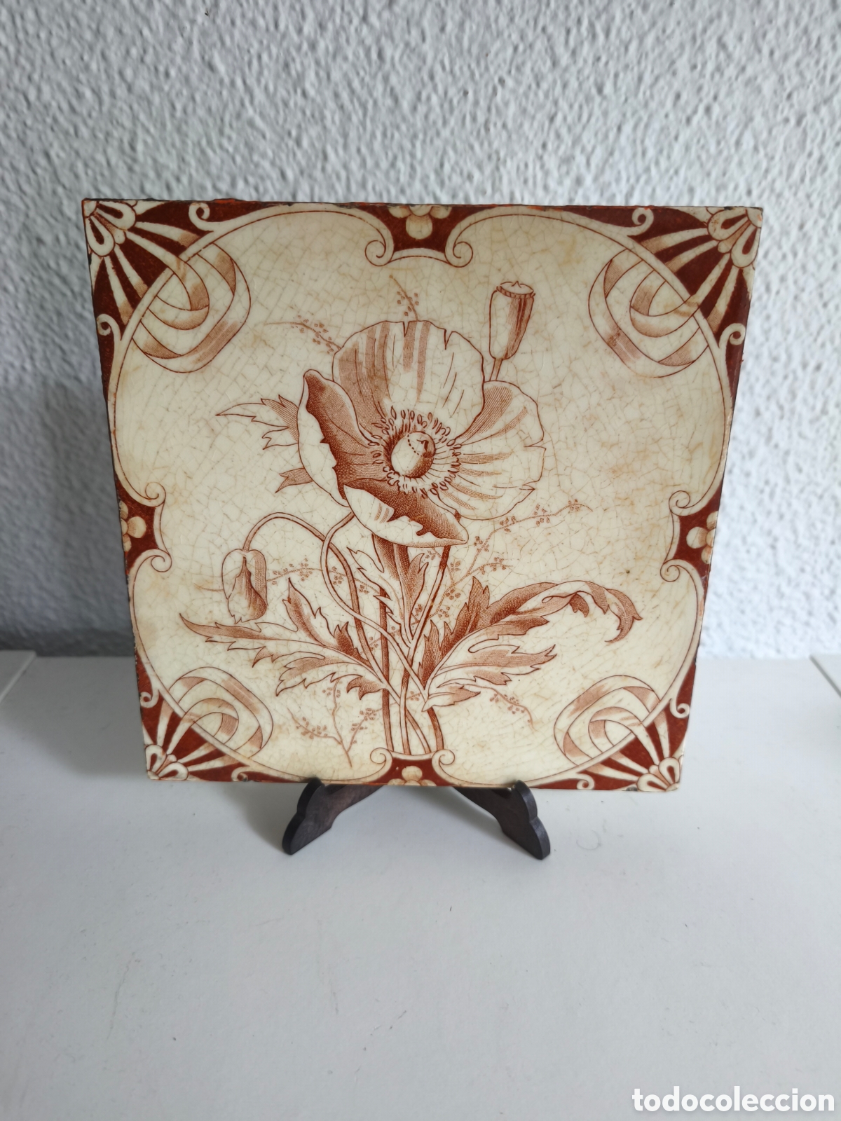 Antig&uuml;edades: AZULEJO VICTORIANO MINTON STOKE ON TRENT SERIE BOTANICA AMAPOLA CA 1892