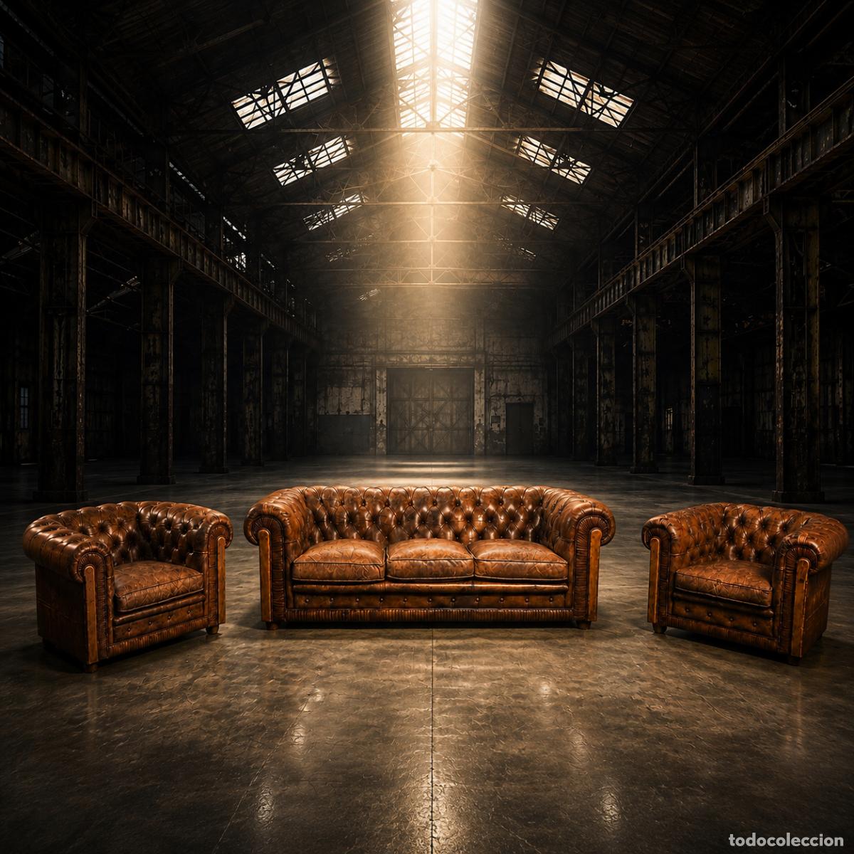 Antiguidades: Extraordinario sof&aacute; tres plazas y pareja de butacas Chesterfield vintage