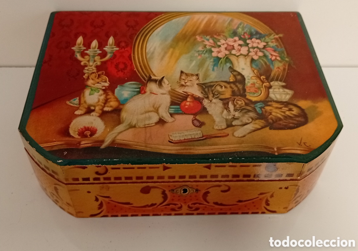Antig&uuml;edades: CAJA MADERA ANTIGUA DECORADA CON GATITOS Y ESPEJO