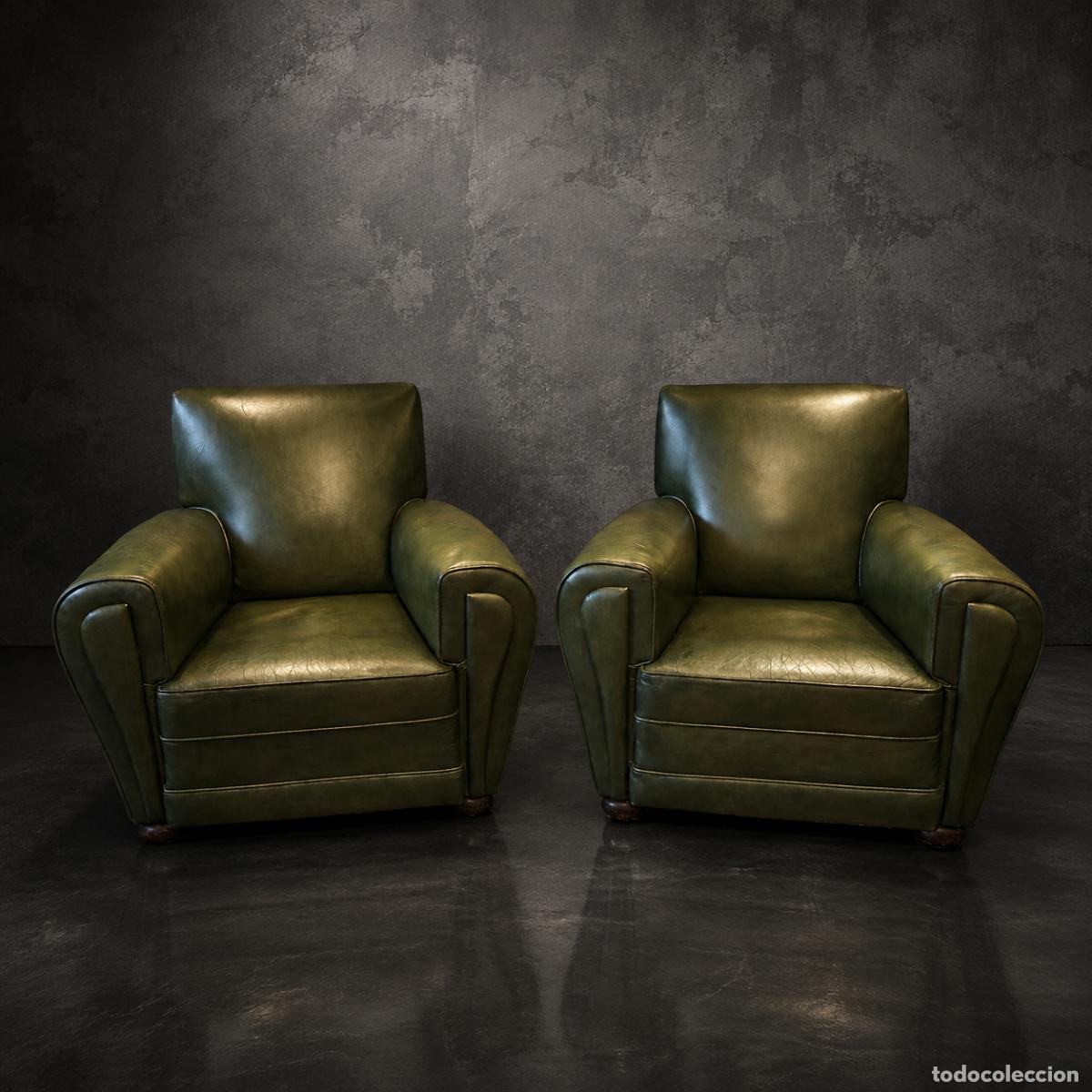 Antiquit&eacute;s: SILLONES CLUB CHESTER EN PIEL VERDE OLIVA CON PATINA ENVEJECIDA ESTILO INGLES