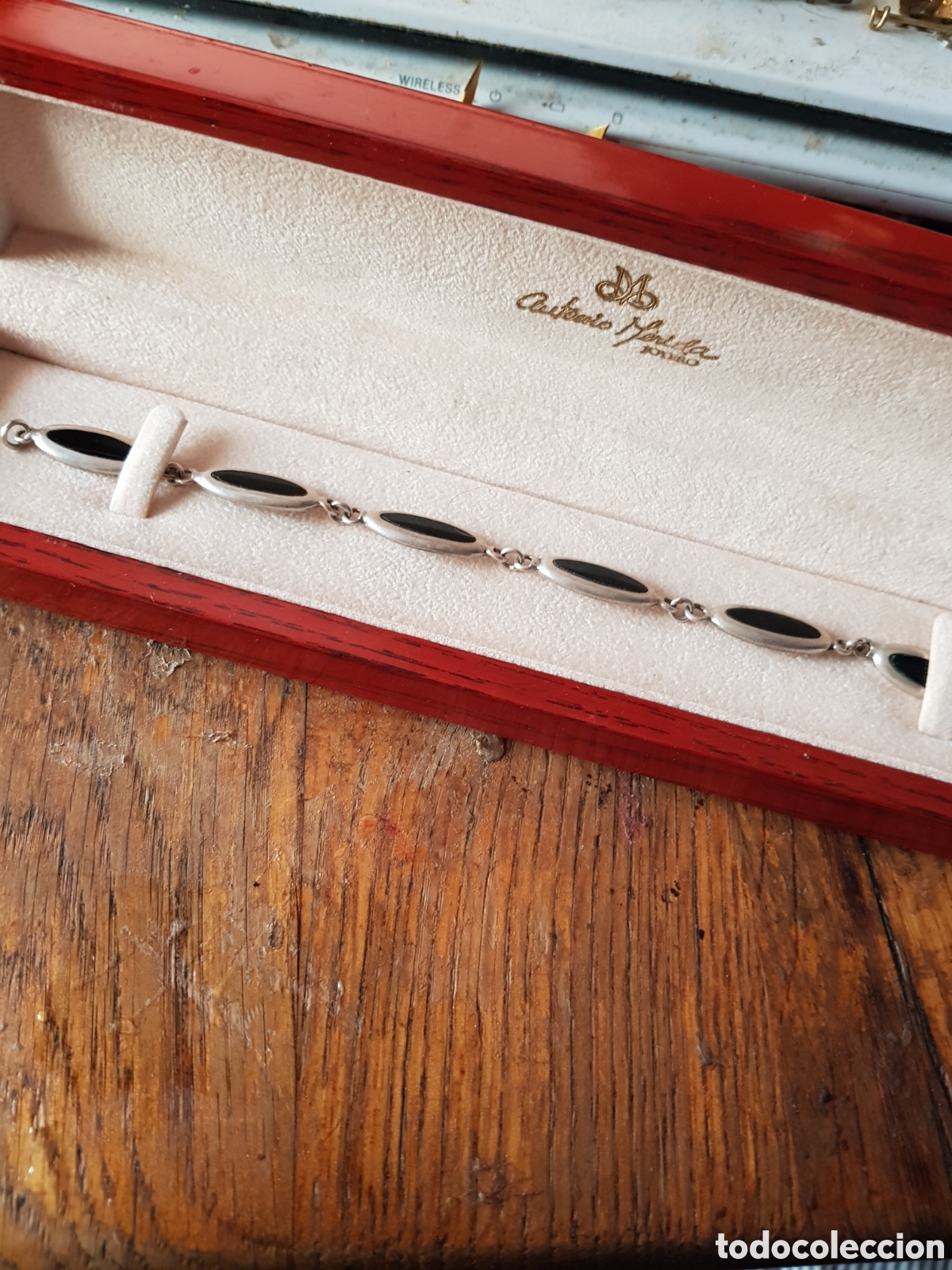 Oggetti Antichi: ANTIGUA PULSERA DE PLATA Y ONIX CON SU CAJA