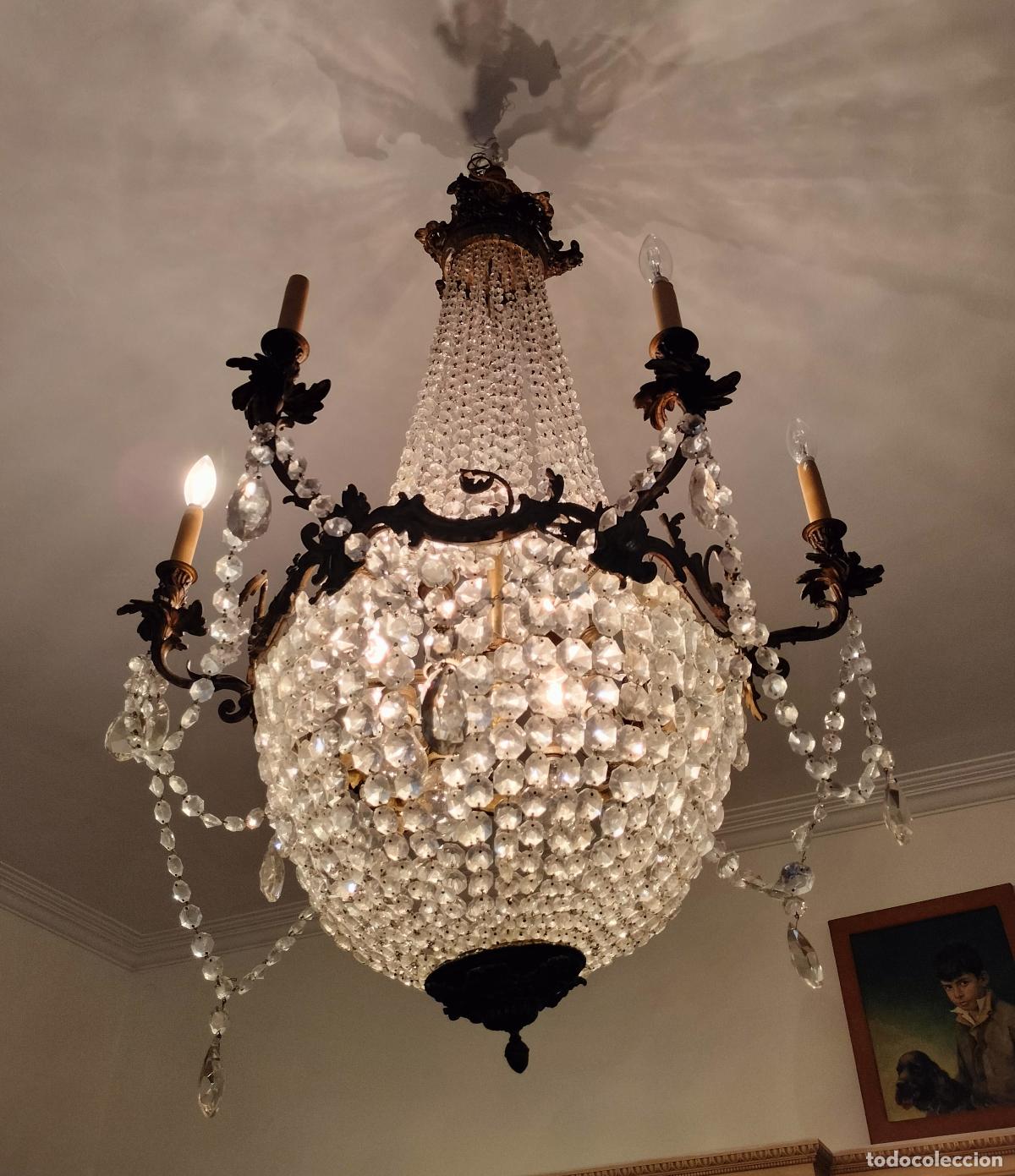 Antig&uuml;edades: ANTIGUA L&Aacute;MPARA DE TECHO DE SEIS BRAZOS. ESTILO LUIS XV. HIERRO Y CRISTAL. FRANCIA. XX