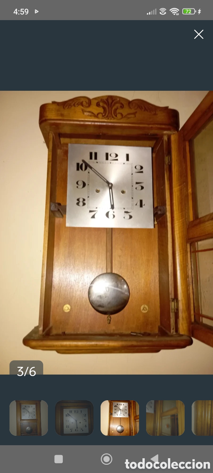 Antig&uuml;edades: Antiguo reloj de casta&ntilde;o con p&eacute;ndulo - Foto 3