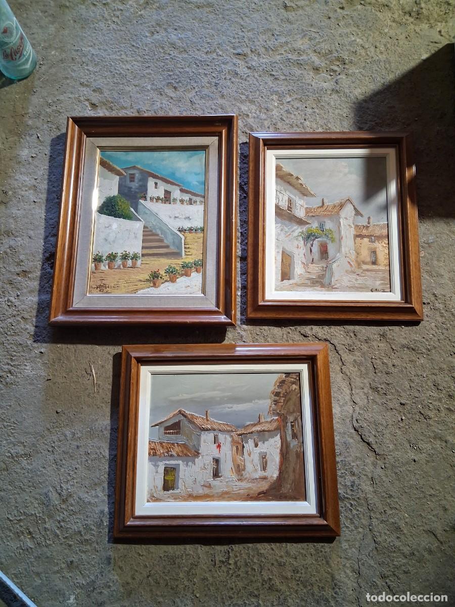 Antig&uuml;edades: 3 cuadros con marco de madera pintura al &oacute;leo casas de pueblo rural