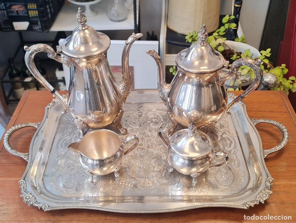 Antig&uuml;edades: Juego de T&eacute; y Caf&eacute; con bandeja, antiguo ingl&eacute;s de Viners of Sheffield &rdquo;Alpha Plate&rdquo;