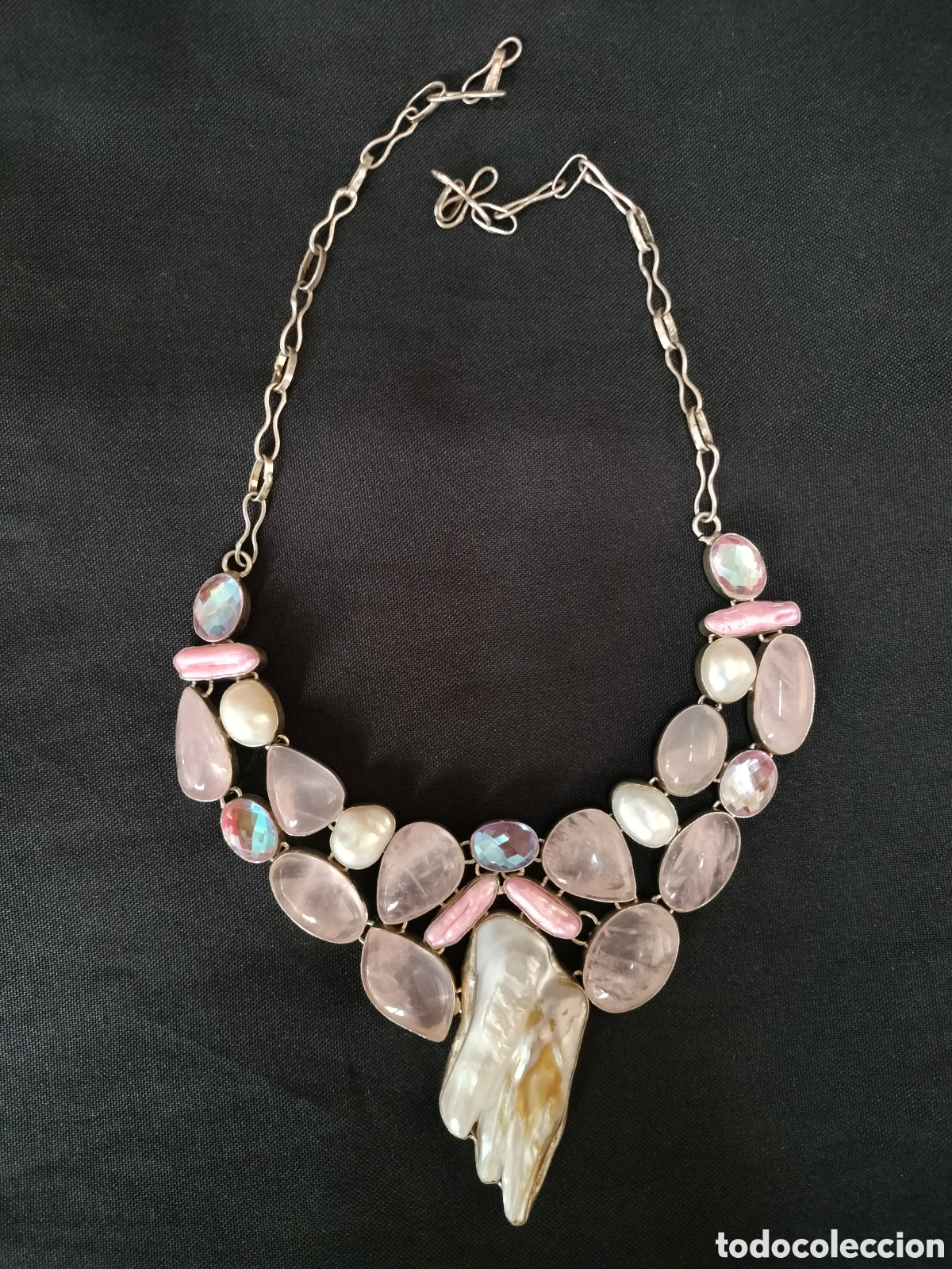 Antig&uuml;edades: Gargantilla collar de plata 925 y cuarzos y perla