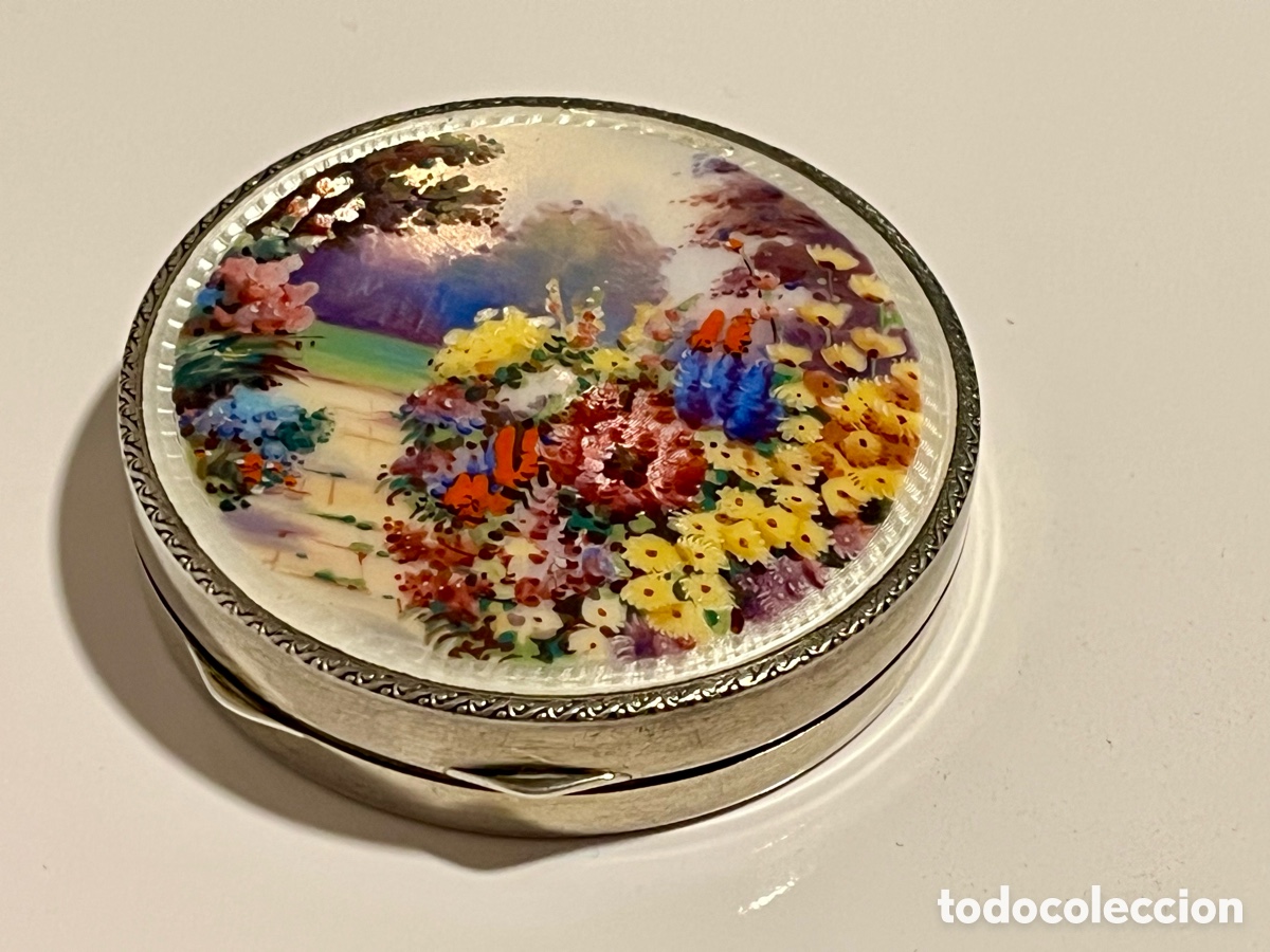 Antig&uuml;edades: 1930 Caja de Polvo o pastillero Art Deco en plata de ley 935 y esmalte guilloche.Alemania