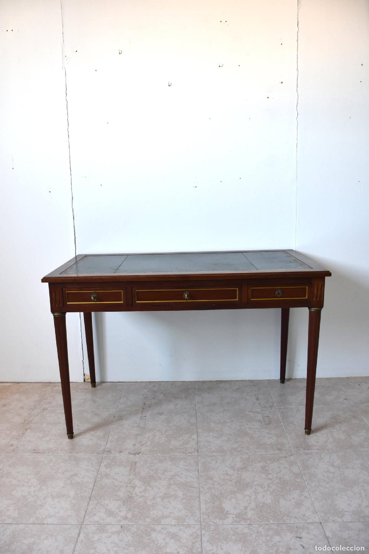 Antiquit&eacute;s: Mesa escritorio cuero verde alas extensibles
