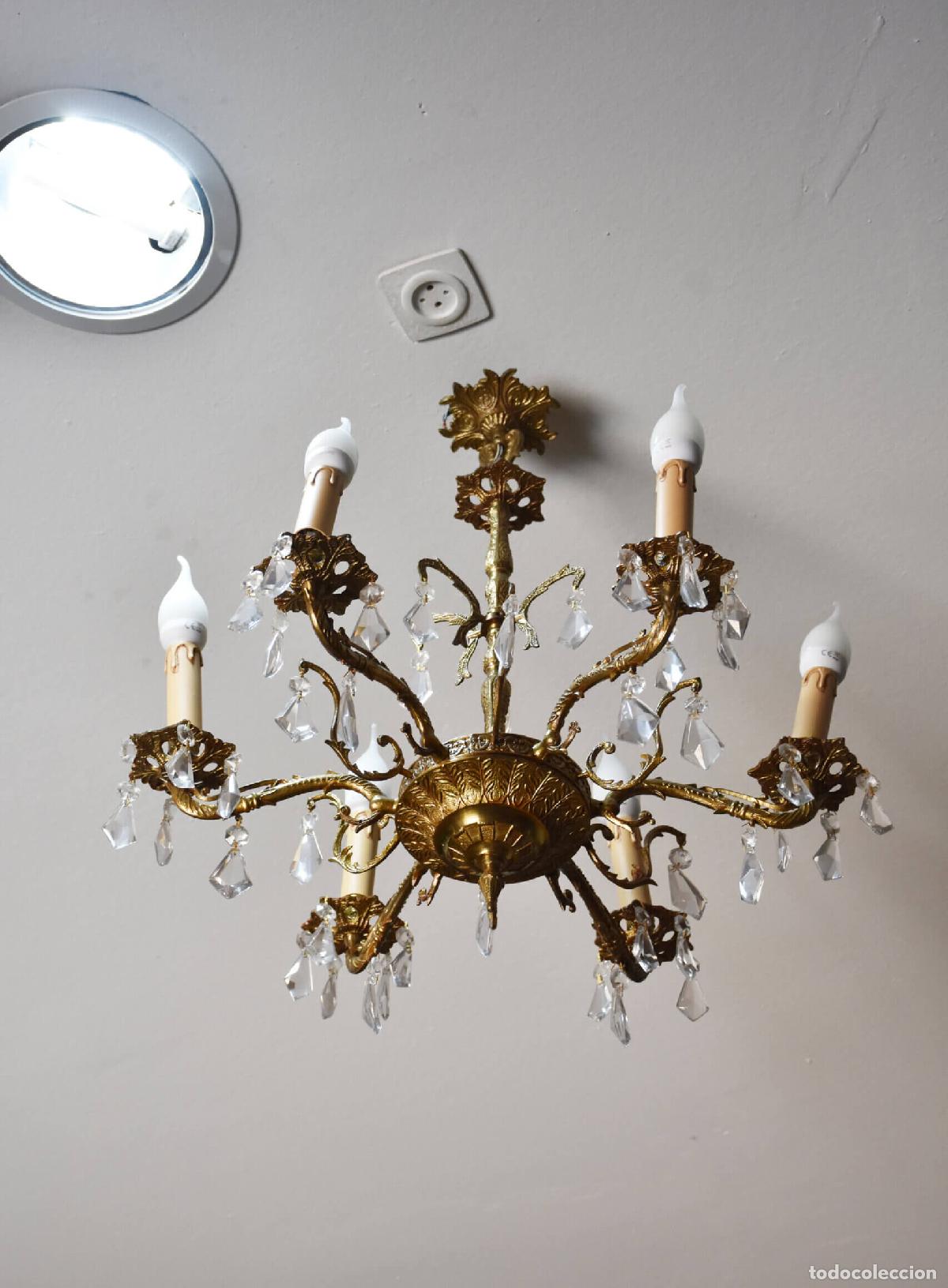 Antig&uuml;edades: Lampara 6 luces bronce y lagrimas cristal