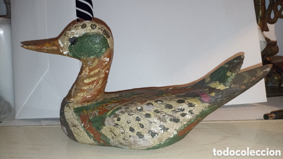 Antig&uuml;edades: Antiguo Pato de Madera Tallado y Pintado a Mano - 28 cm - Estilo R&uacute;stico / Cimbel