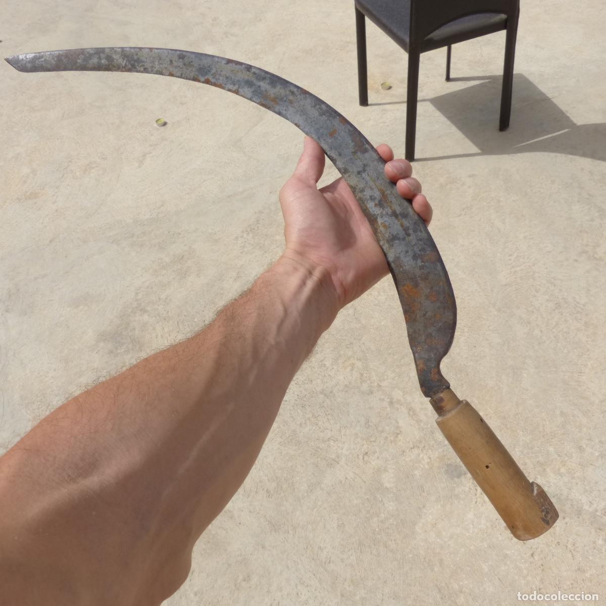 Antig&uuml;edades: Antigua hoz de forja con mango de madera. 615gr, 62cm.