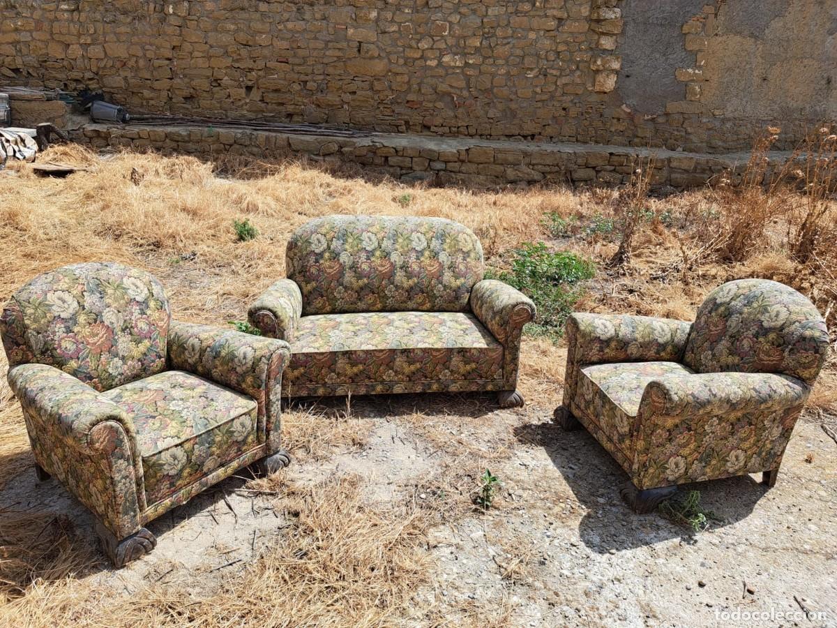 Antiquit&eacute;s: Antiguo conjunto Sof&aacute; + 2 sillones tapizado floral