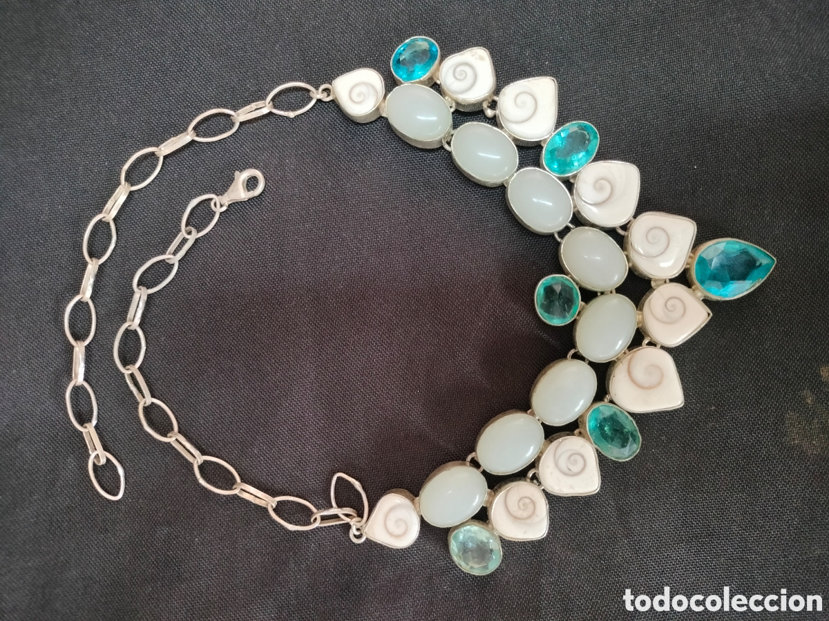 Antig&uuml;edades: Preciosa gargantilla collar de plata 925 y concha de abul&oacute;n, gemas azules facetadas y perlas