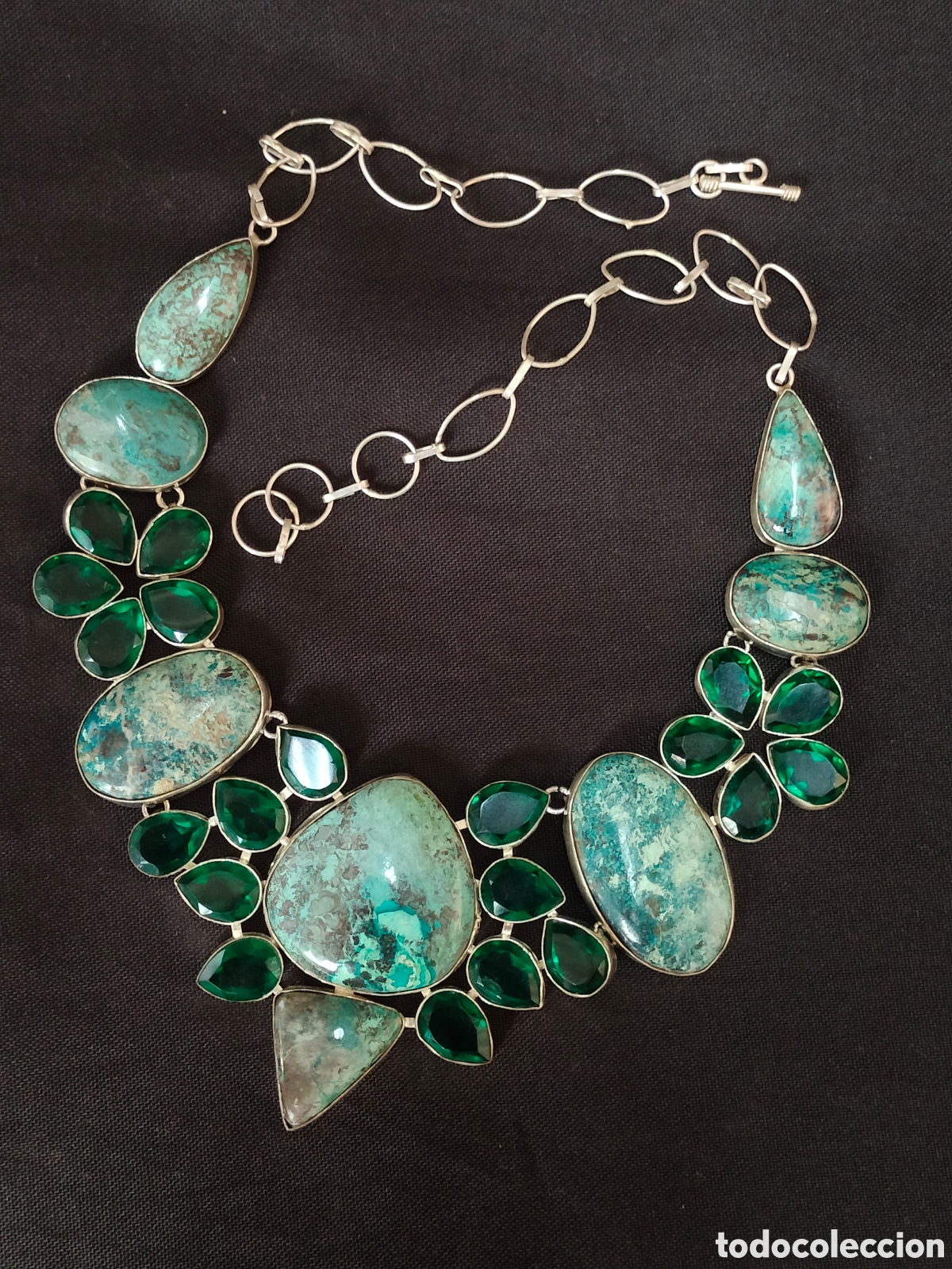 Antig&uuml;edades: Preciosa gargantilla collar de plata 925 y combinando crisocola y esmeraldas facetadas