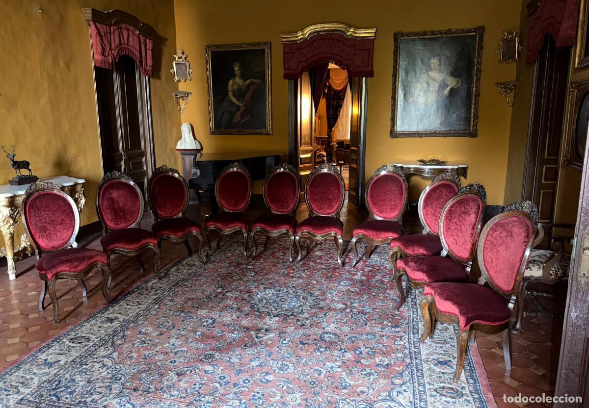 Antig&uuml;edades: CONJUNTO DE DIEZ SILLAS ISABELINAS. MADERA DE JACARANDA Y MARQUETER&Iacute;A DE ZINC Y LAT&Oacute;N. ESPA&Ntilde;A. XIX.