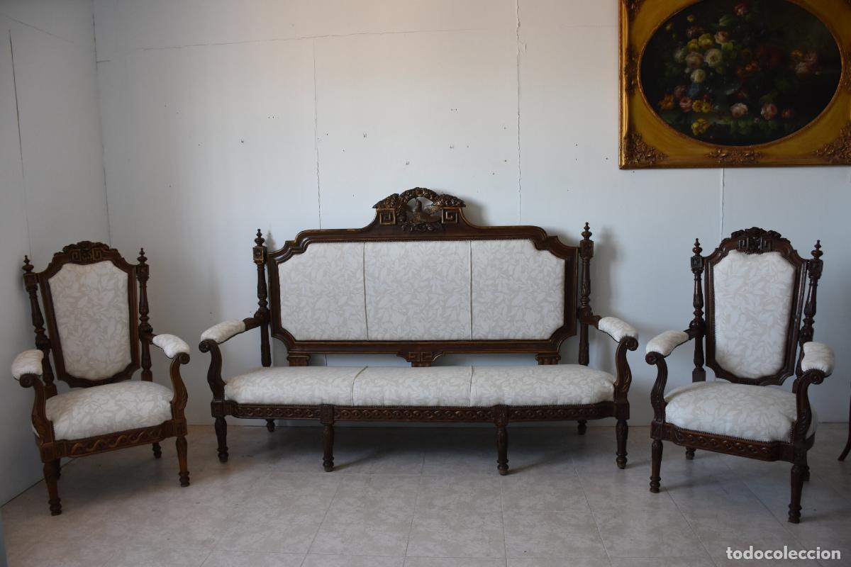 Antiquit&eacute;s: Gran tresillo madera de nogal y oro, S.XIX