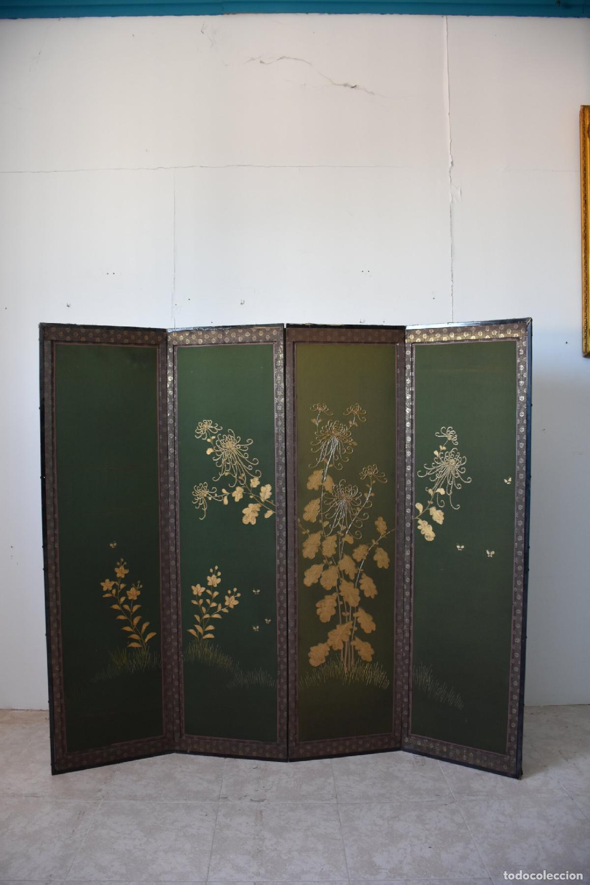 Antiquit&eacute;s: Biombo oriental tela verde con hojas doradas