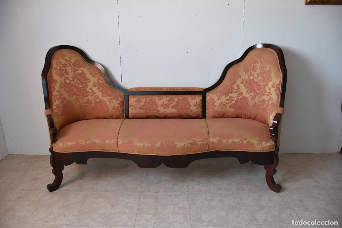 Antiquit&eacute;s: Sofa antiguo caoba tela damasco