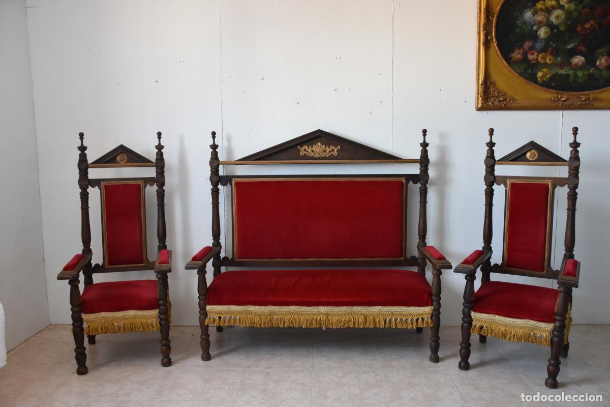 Antiquit&eacute;s: Conjunto tresillo antiguo terciopelo rojo