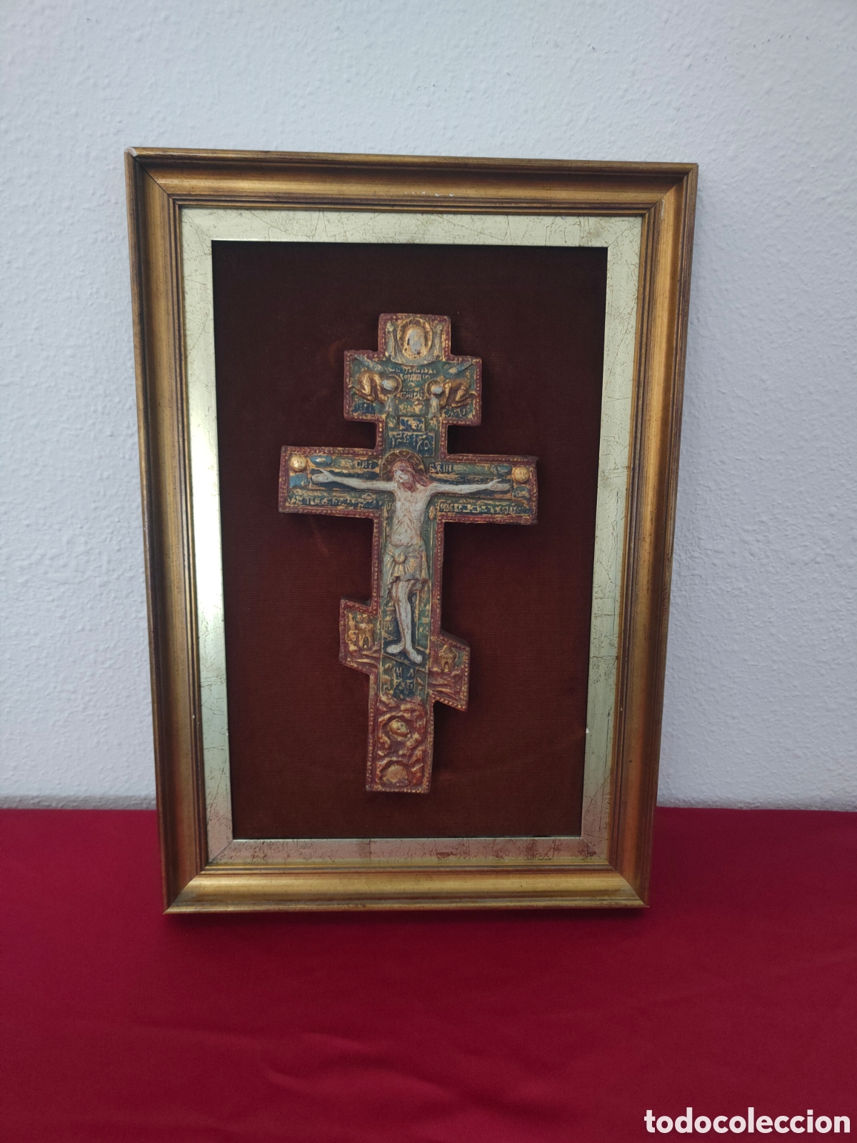 Antig&uuml;edades: Cuadro Cruz Ortodoxa 54x37cm Marco Dorado