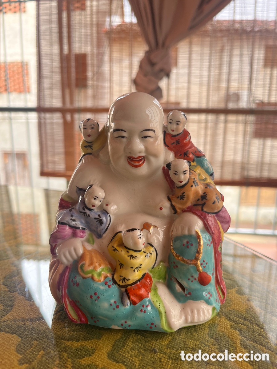 Antig&uuml;edades: Buda sonriente con ni&ntilde;os vintage - cer&aacute;mica pintada a mano Hong Kong