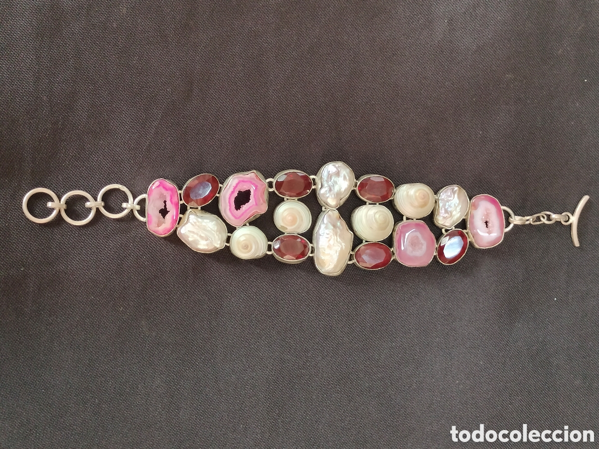 Antig&uuml;edades: Pulsera de plata 925 con gemas &aacute;gata solar magenta, granate, perla barroca y conchas de shiva