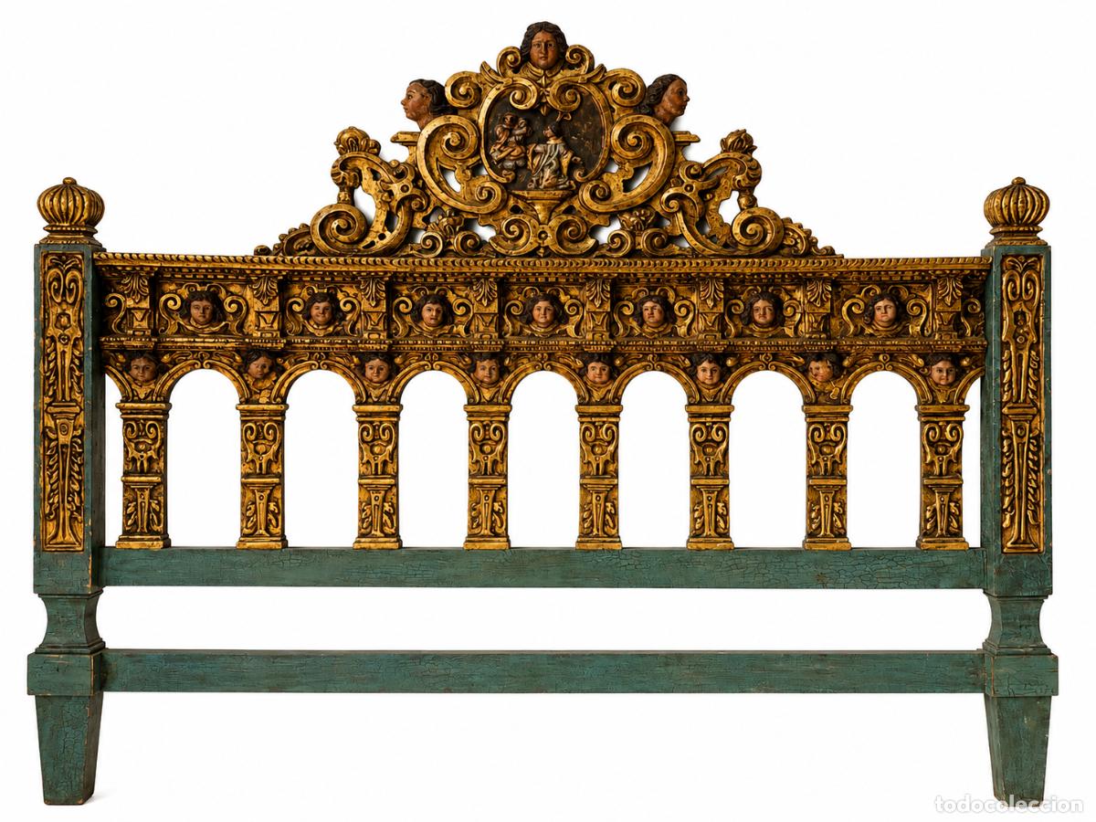 Antig&uuml;edades: Precioso Cabezal de Cama, Estilo Barroco - Talla de Madera Policromada y Dorada - Decorada &Aacute;ngeles