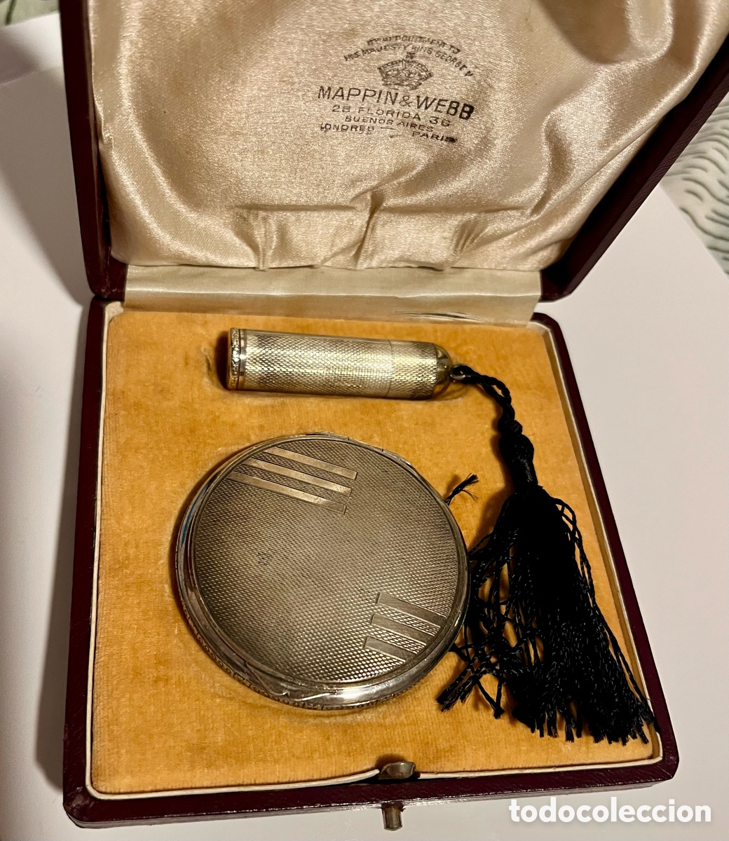 Antig&uuml;edades: Delicado set de tocador en plata 935 Mappin & Webb polvera y portal&aacute;piz de labios ,estuche original