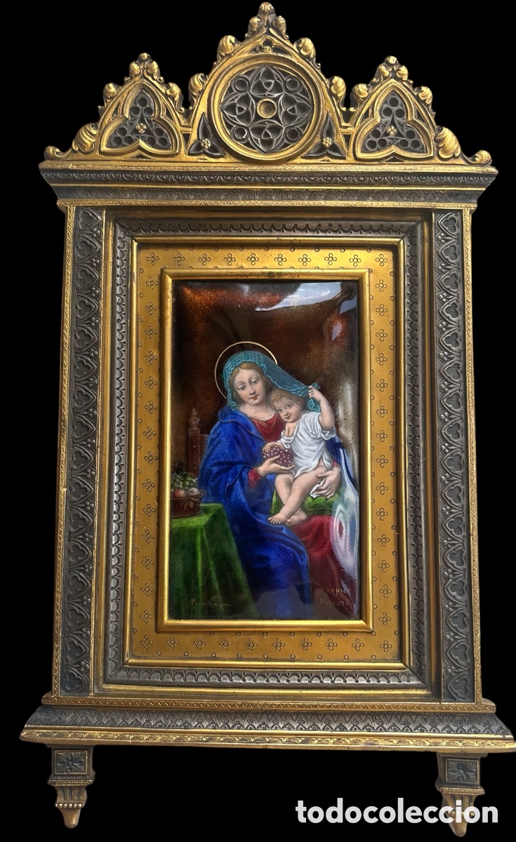 Antiquit&eacute;s: 1940/50 Sublime placa de esmalte del maestro Modest Morat&oacute; :Virgen de las Uvas