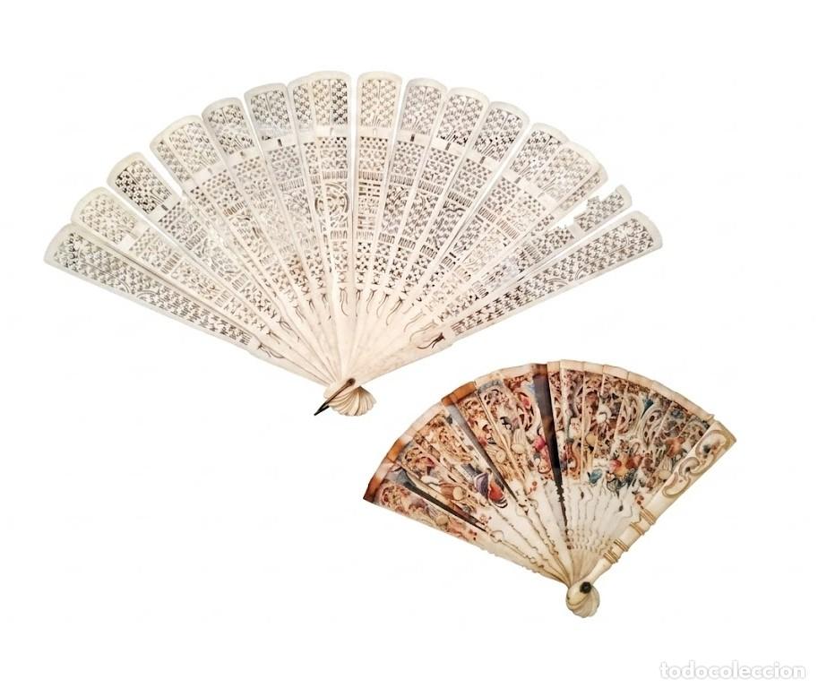 Antig&uuml;edades: VARILLAJE Y ABANICO DE HUESO. HUESO CALADO Y PINTADO. CHINA (?). SIGLOS XIX-XX