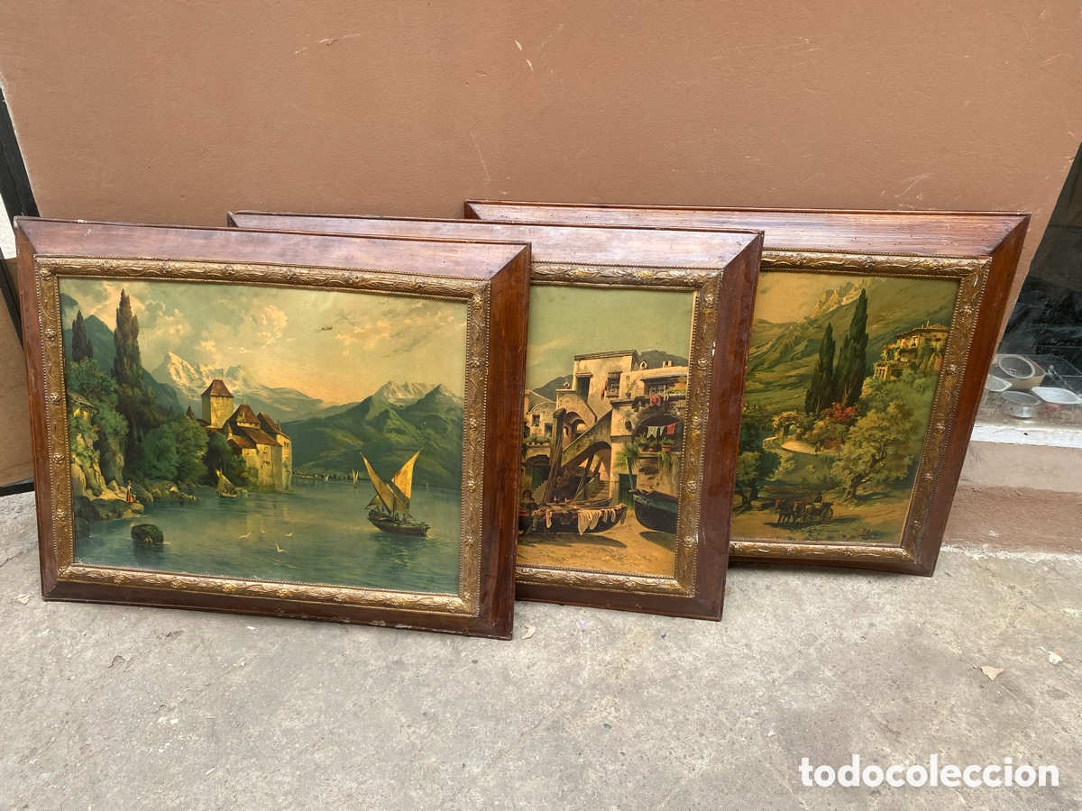 Antig&uuml;edades: Lote de 3 cuadros antiguos de gran formato (estilo rom&aacute;ntico del S. XIX). 89x70,5 cm