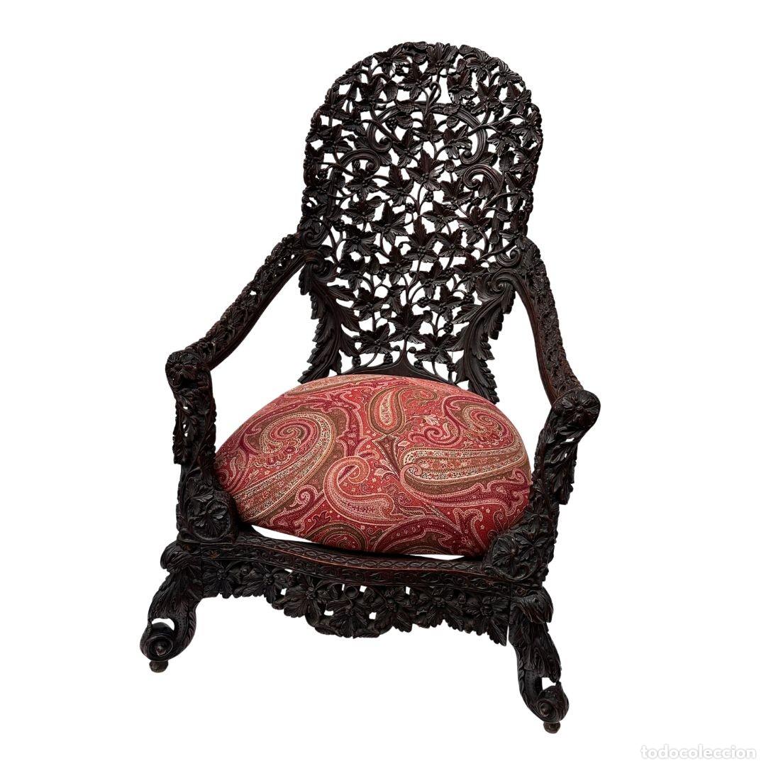 Antig&uuml;edades: Sill&oacute;n angloindio, madera de padauk, &eacute;poca victoriana, circa 1880 - Birmania / Rep&uacute;blica de la Uni&oacute;n