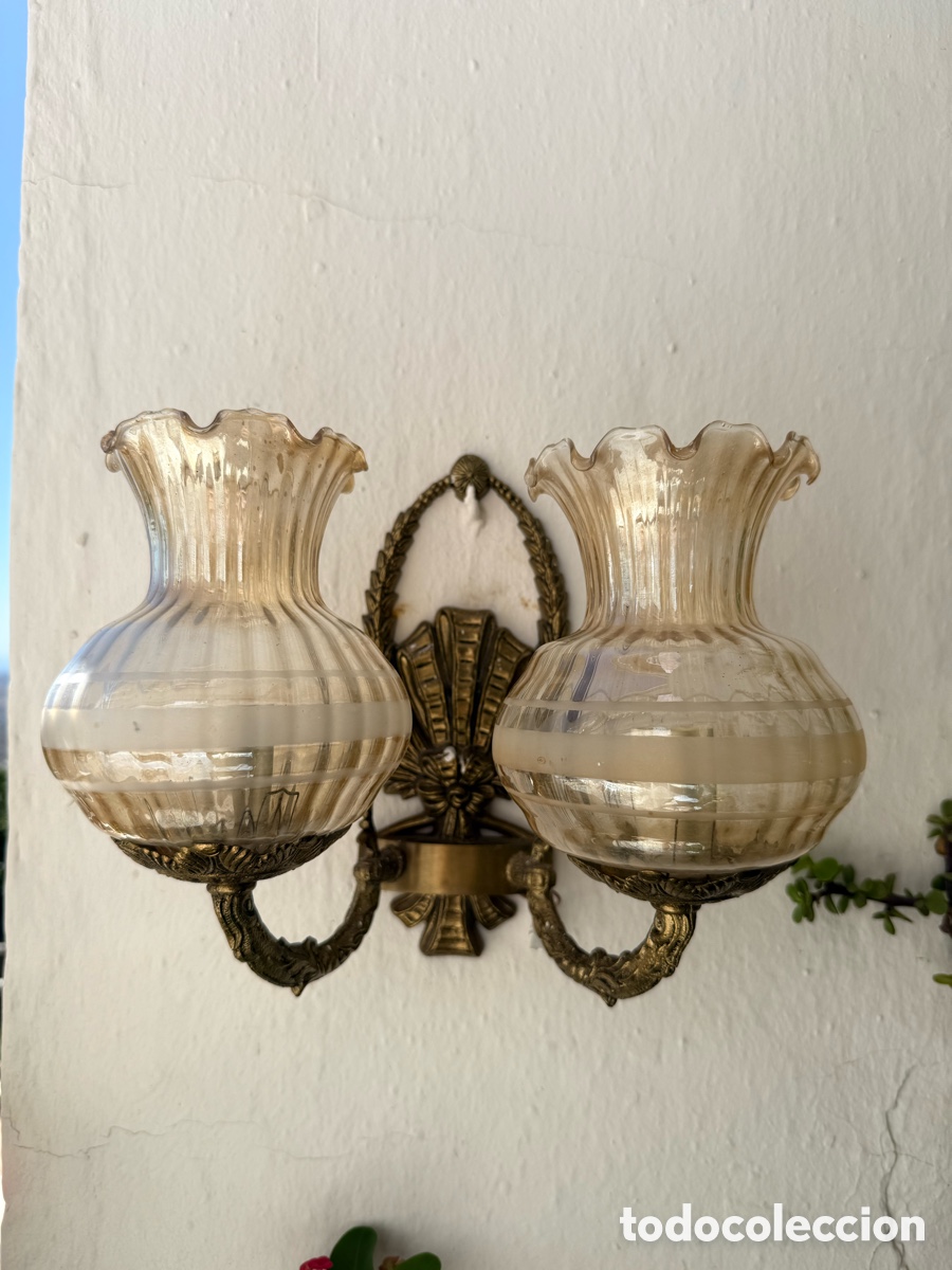Antig&uuml;edades: L&aacute;mpara Aplique Pared Vintage Bronce Cristal