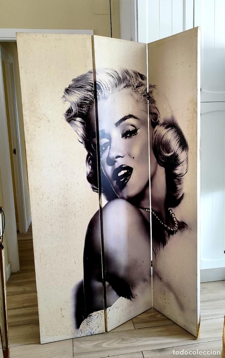 Antig&uuml;edades: Biombo de tres hojas con el rostro de Marilyn Monroe, por las dos caras, tela sobre bastidor de made