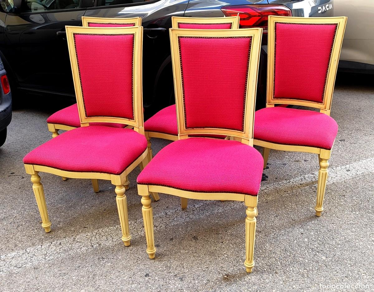 Antig&uuml;edades: 5 sillas estilo LXVI tapiceria color fucsia, patas delanteras torneadas SXX