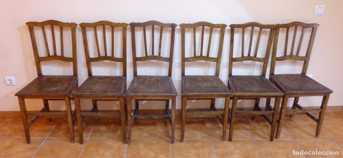 Antig&uuml;edades: LOTE 6 SILLAS DE MADERA CON ASIENTO DE MADERA CONTRACHADA GRABADA MOTIVO MODERNISTA. PARA RESTAURAR