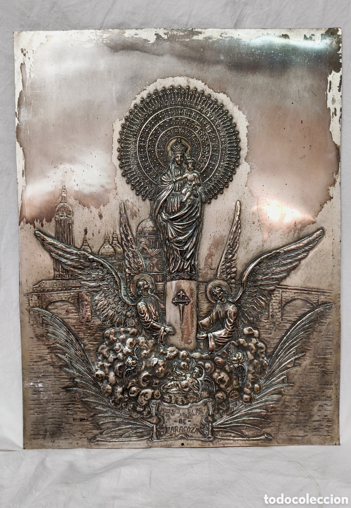 Antiguidades: Antiguo Cuadro Virgen del Pilar Metal Repujado -firmado S. CALVO - Orfebrer&iacute;a Arte Sacro 48x40