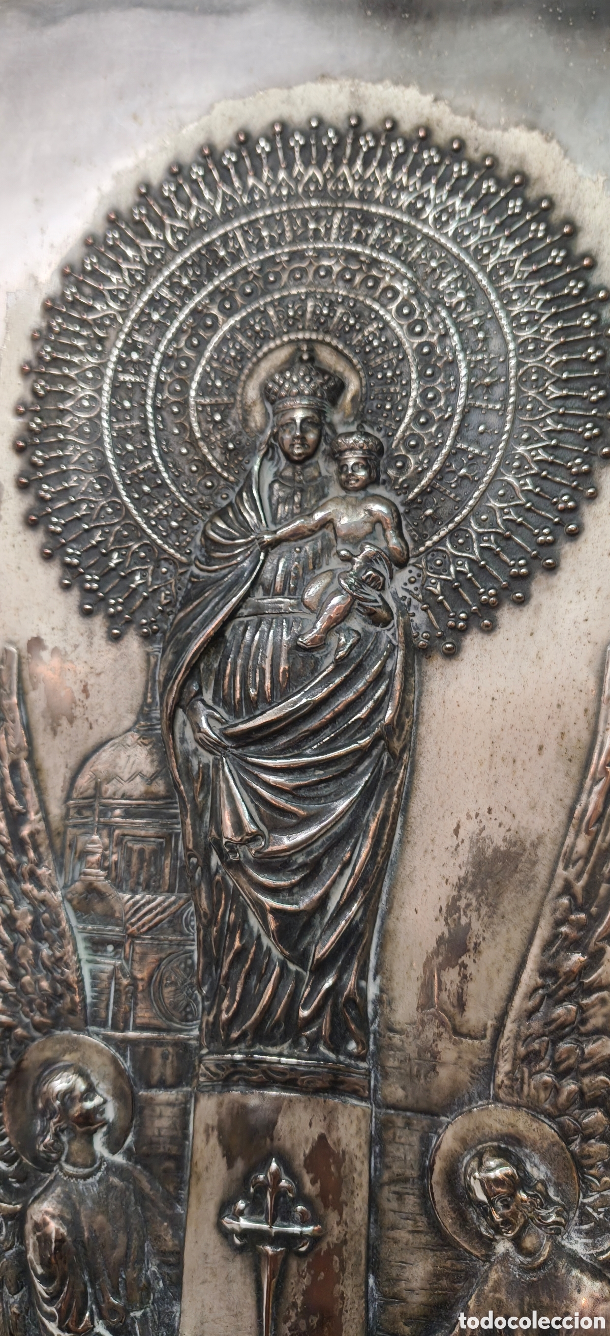 Antig&uuml;edades: Antiguo Cuadro Virgen del Pilar Metal Repujado -firmado S. CALVO - Orfebrer&iacute;a Arte Sacro 48x40