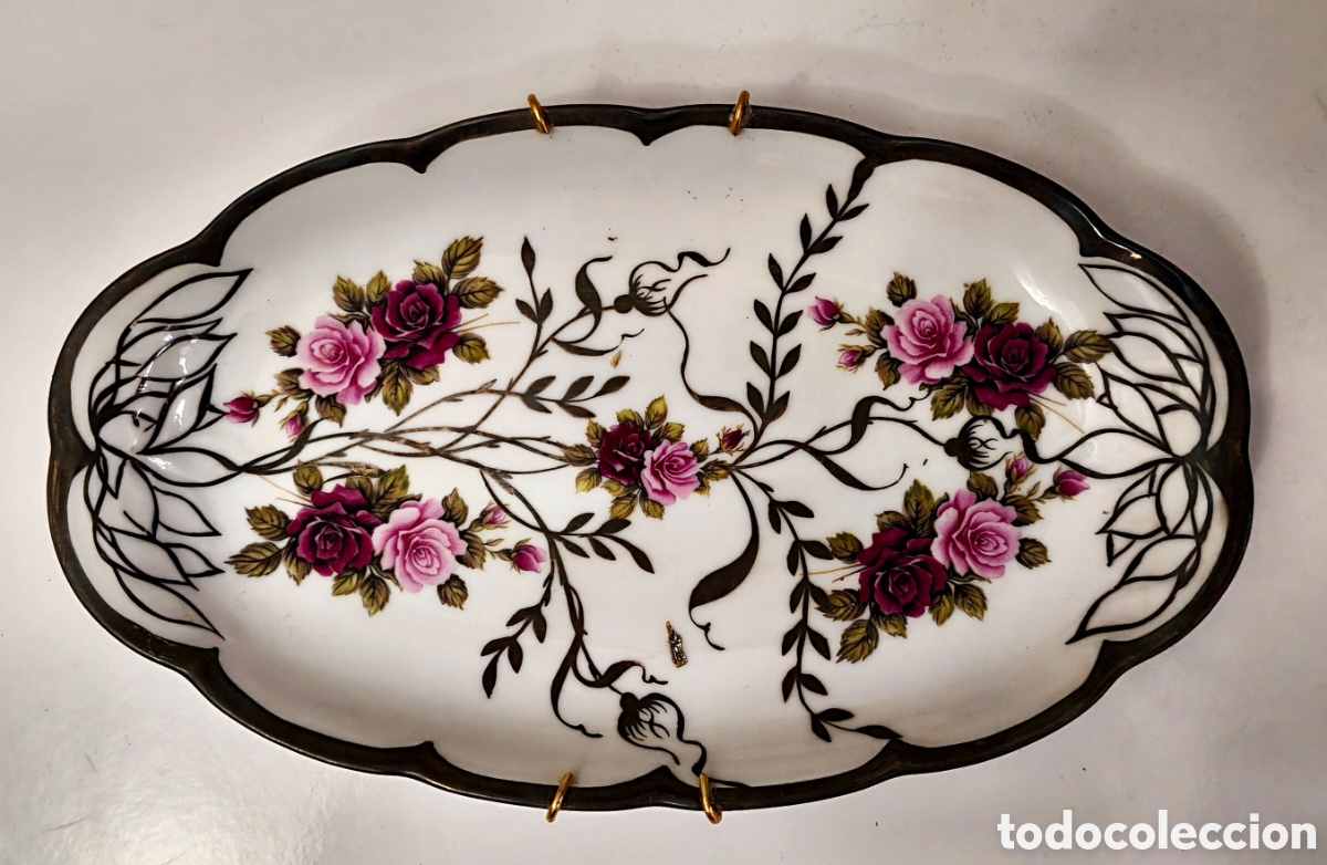 Antig&uuml;edades: Bandeja Ovalada Porcelana BOHEMIA PATENT &bull; Filo de Plata y Rosas &bull; &iexcl;Impecable! 30 cm