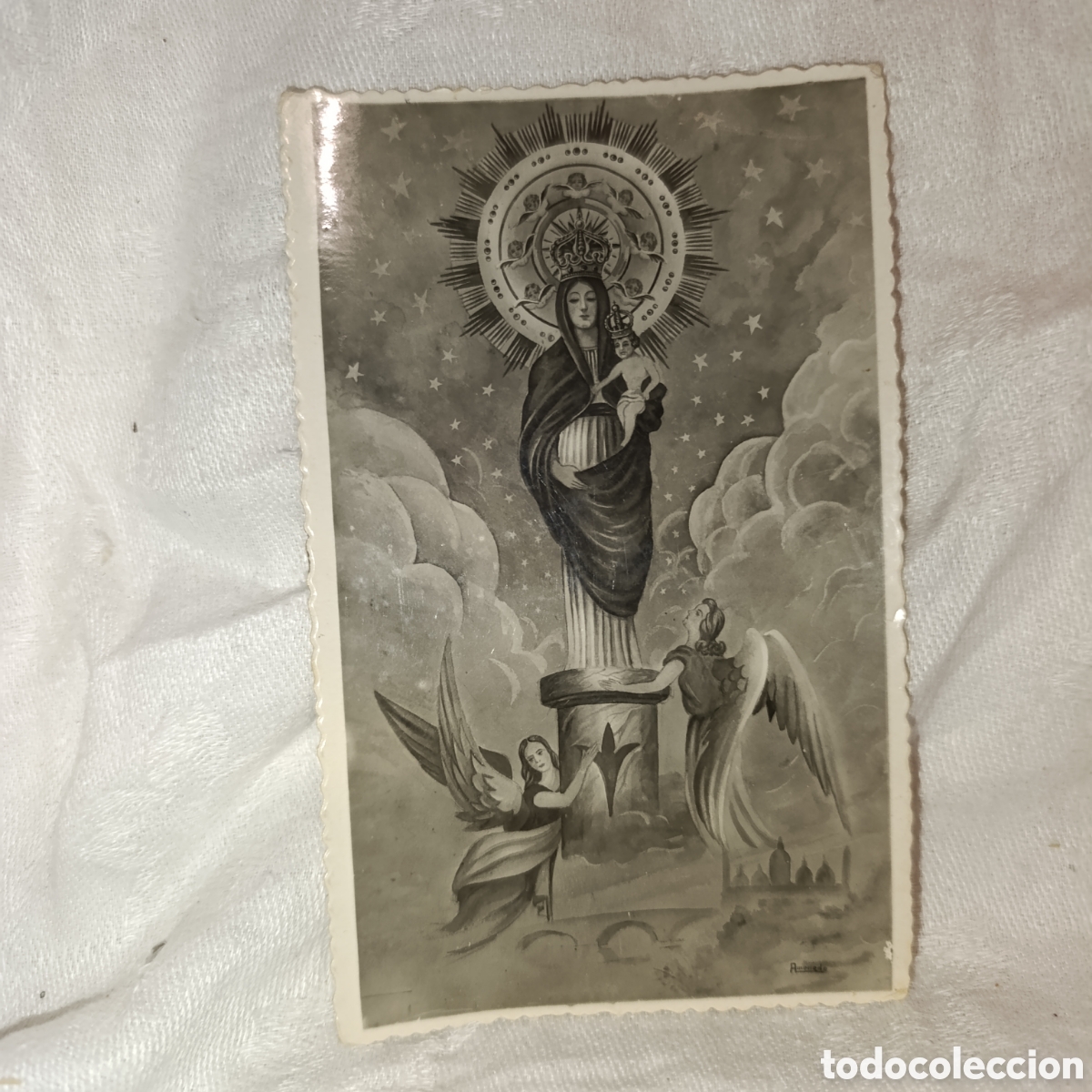 Antig&uuml;edades: Virgen del Pilar - Zaragoza - A&ntilde;os 50 -antigua tarjeta postal,Borde festoneado