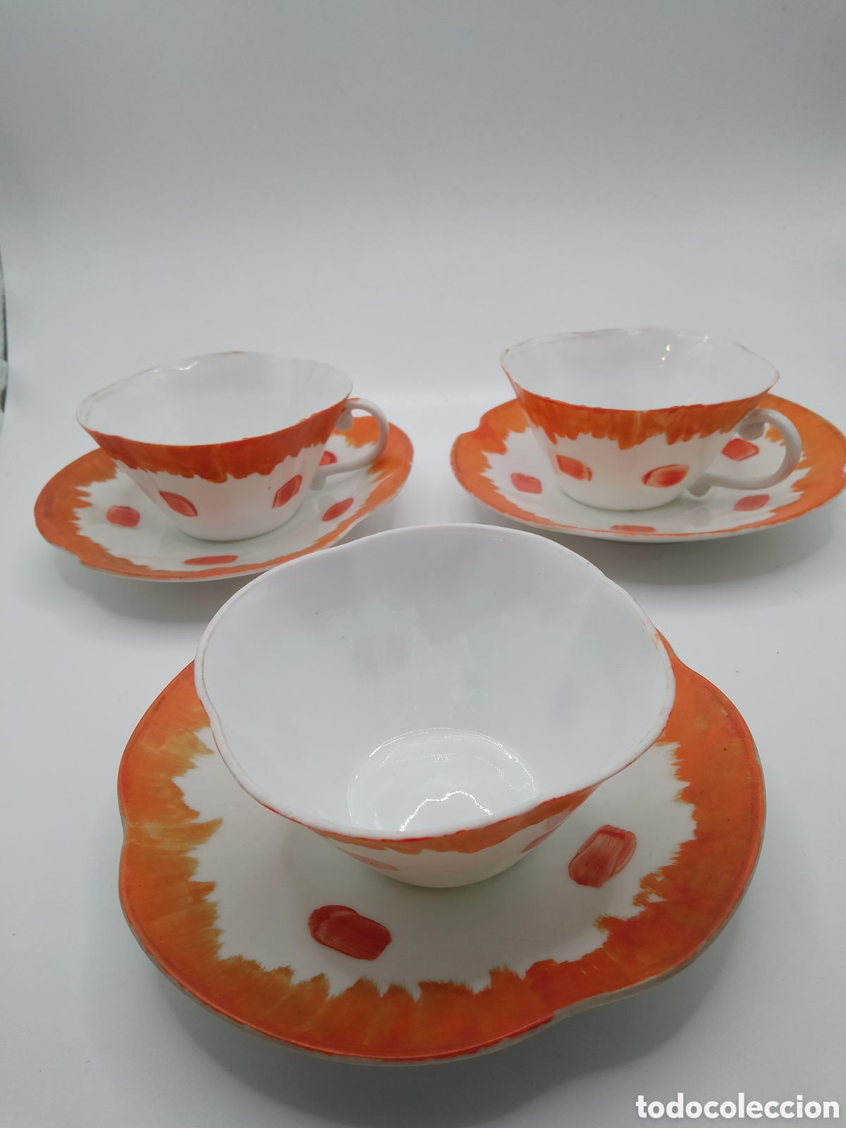 Antig&uuml;edades: Lote 3 Tazas y Platos Cer&aacute;micas O Castro (Sargadelos) - Naranja y Blanco - Sello Dolmen Inciso -50-